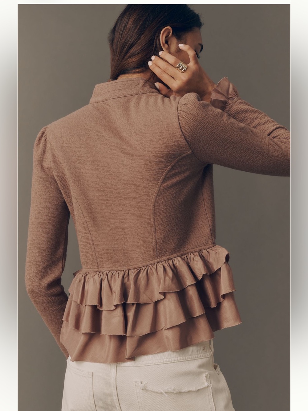 Curved Ruffle Military Cardigan Top - Picture 2 of 11